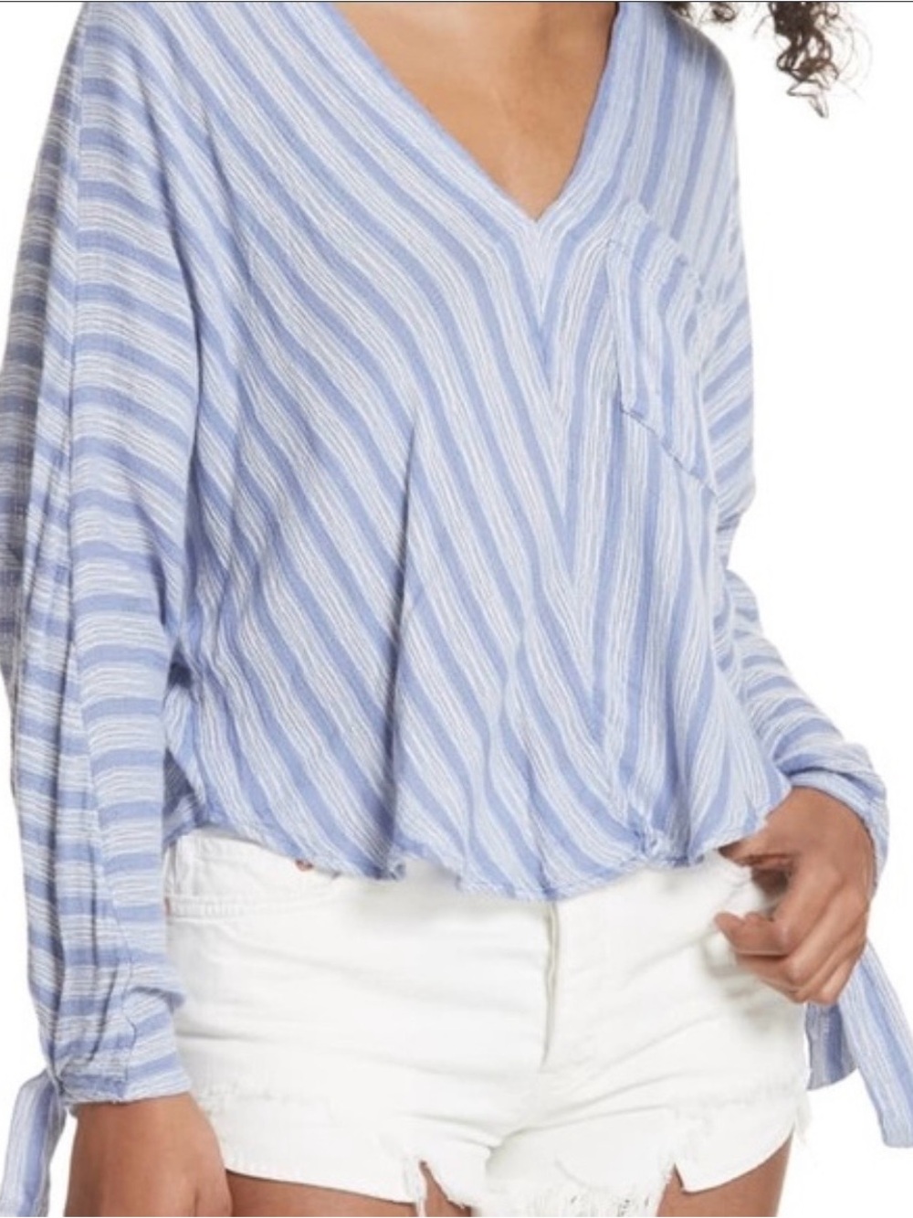 Free People Light Blue & White Striped V-Neck Blouse